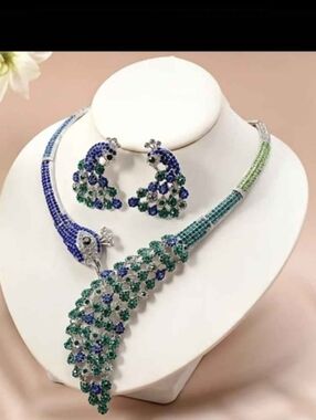 Crystal Peacock-Inspired Green & Blue Necklace and Earring Set Rhodium Plating